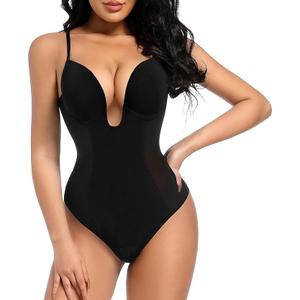 Decorus Women's Low Back Shapewear Tummy Control Deep V Neck Backless Body Shaper Plunge Thong Bridal Bodysuit Built in Bra(S)