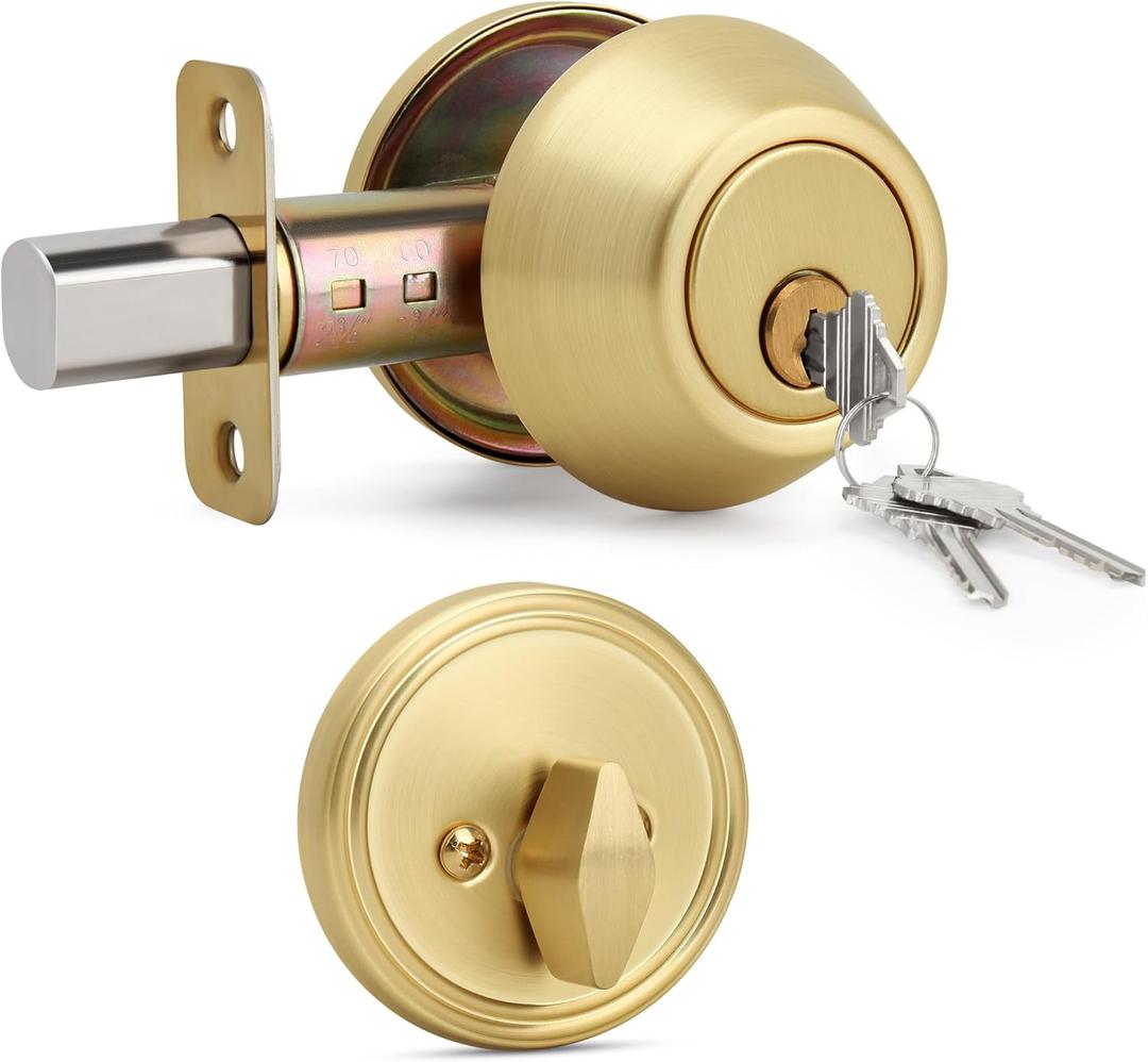 Gaurqiah Keyed Single Cylinder Deadbolt Lock for Exterior, Round Design Dead Bolt for Front Door and Entrance Door, Satin Brass