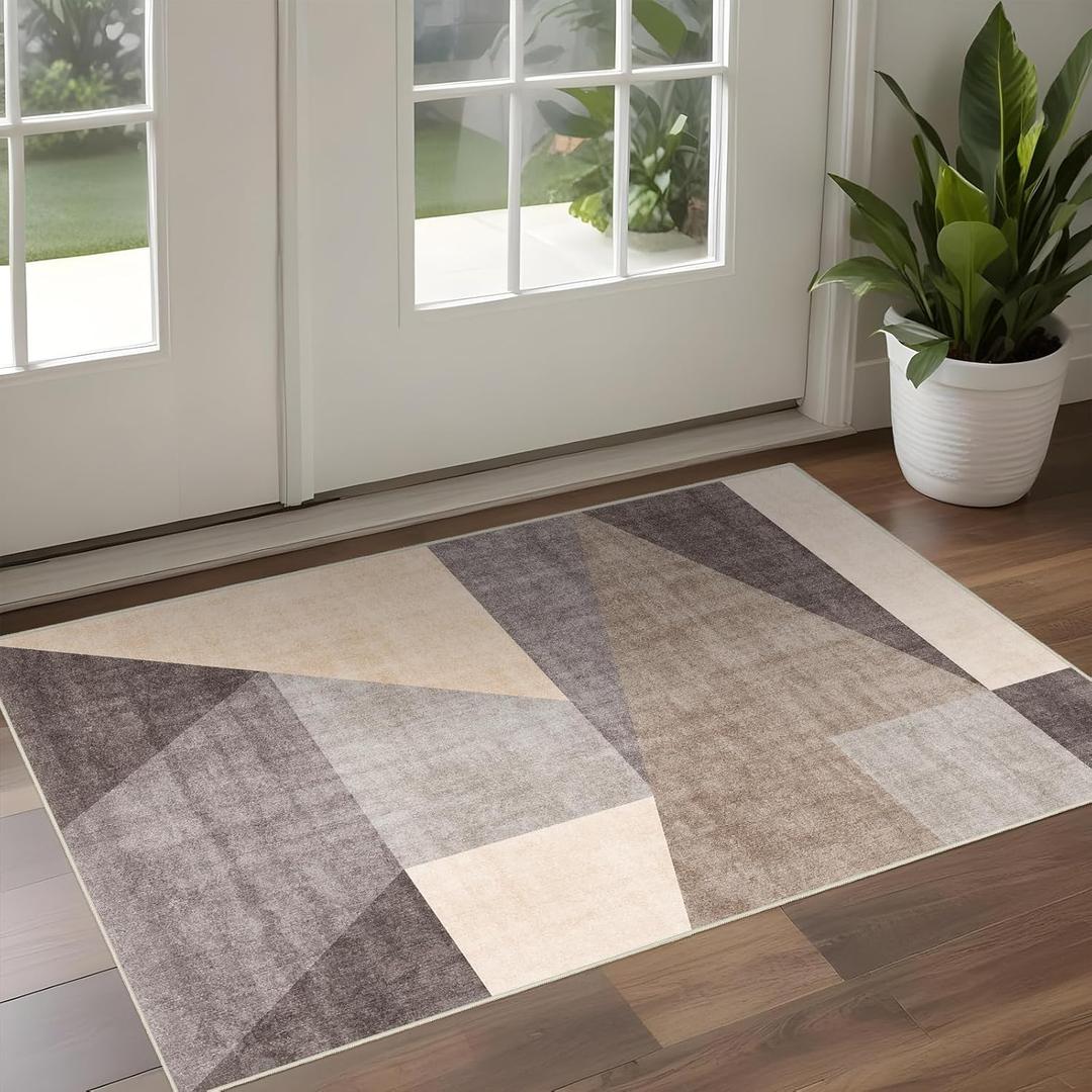 Washable Modern Area Rug: 2x3 Geometric Area Rugs for Entryway Small mat for Kitchen with Non-Slip Backing Indoor Bedroom Door Mat Brown Grey 2'x3'.
