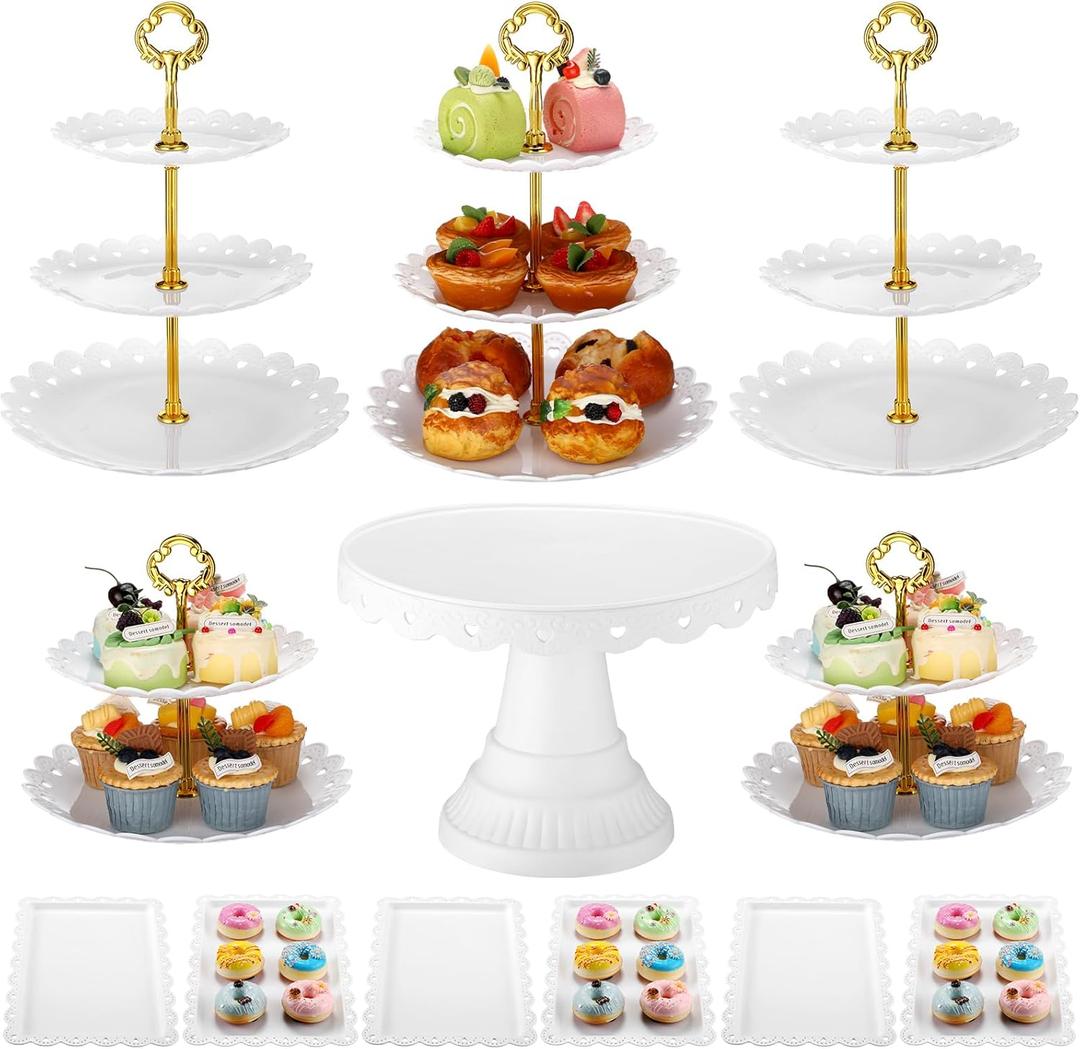 12 Pcs Dessert Table Display Stand Set Include 5 Cupcake Holder/Cup Cake Tier Tower 1 Round Lace Cake Stand and 6 Serving Tray Combo for Party Birthday Baby Shower Wedding Round(White)