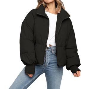 Womens Winter Cropped Puffer Jacket Coat Casual Quilted Baggy Long Sleeve Zip Down Jackets Outerwear (Black, M)