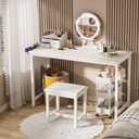 White Vanity Table with Lighted Mirror - 47 White Vanity Desk with Mirror and Lights & Chair, Makeup Vanitys Set with Power Outlet, Dressing Table Vanities for Girls Bedroom