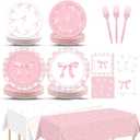 98pcs Pink Bow Party Supplies Bow Birthday Party Plates and Napkin Tablecloth Pink Bow Party Decoration for Girl Bachelorette Bridal Engagement Baby Shower Coquette Cute Tableware Table Cover Serve 24