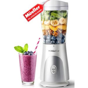 Mueller Smoothie Blender for Smoothies - Personal Blender for Shakes, Frozen Drinks, Baby Food & More, 15oz Travel Cup and Lid, Durable Stainless Steel Blades for Powerful Blending Performance, White