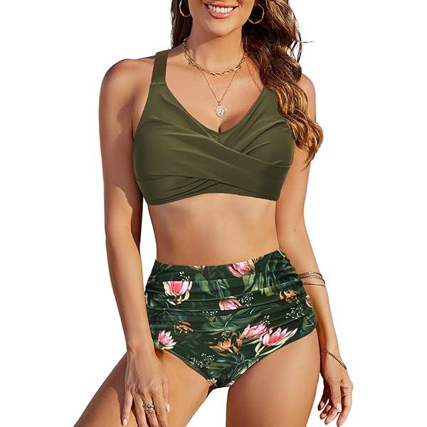 Uikue Women's Two Piece Swimsuits Full Coverage Bikini Set Tummy Control Bathing Suit Push Up V Neck Twist Front Swim Suits, Size: S