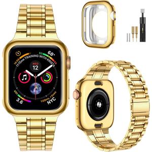 MioHHR Solid Stainless Steel Band Compatible with Apple Watch 46mm (Series 10), Metal Strap with Soft TPU Case for iWatch Series 10 46mm Women and Men, Gold (46 mm (Series 10))