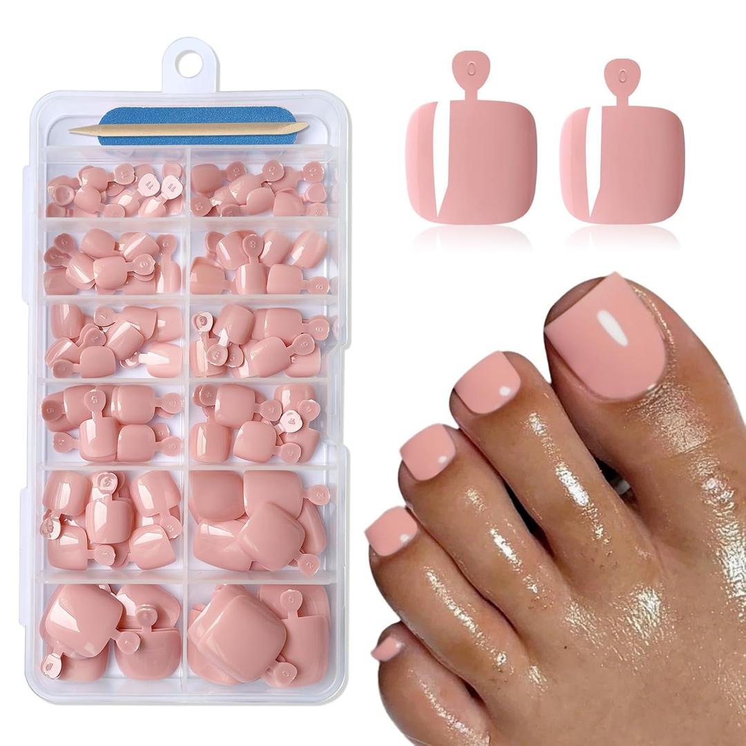 120PC Pink Press on Toenails for Women Fake Toe nail Press ons Acrylic Toe Press on Nails Set, Pink Press on Toe Nails Press on Fake Toenails Press ons Acrylic Toe Nail Tips Kit & Glue Tab-M