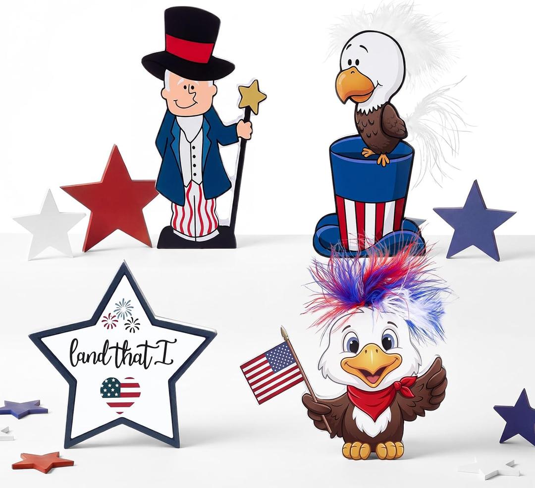 Yousoontic 4 Pcs 4th of July Table Decorations Patriotic Wood Table Sign Red White Blue Wood Tables Centerpieces with Eagle Uncle Pattern Star Tiered Tray Decor for 250th Anniversary Independence Day