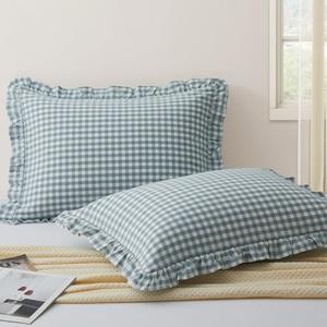 KKJIAF 2 Pcs Plaid Ruffle Pillow Case Queen Size, Cotton Gingham Ruffled Euro Sham Pillow Covers 20x30 Inch, Linen Feel Plaid Bed Pillow Shams with Envelope Closure for Sofa Bed (Dusty Blue Plaid)