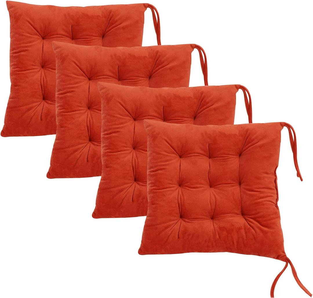 Set of 4 Square Chair Pads Indoor Seat Cushions Pillows with Ties Soft Comfortable Non Slip Chair Mat for Kitchen Dining Office Desk Living Room Outdoor Tatami 15.5" - Orange, 4Pack