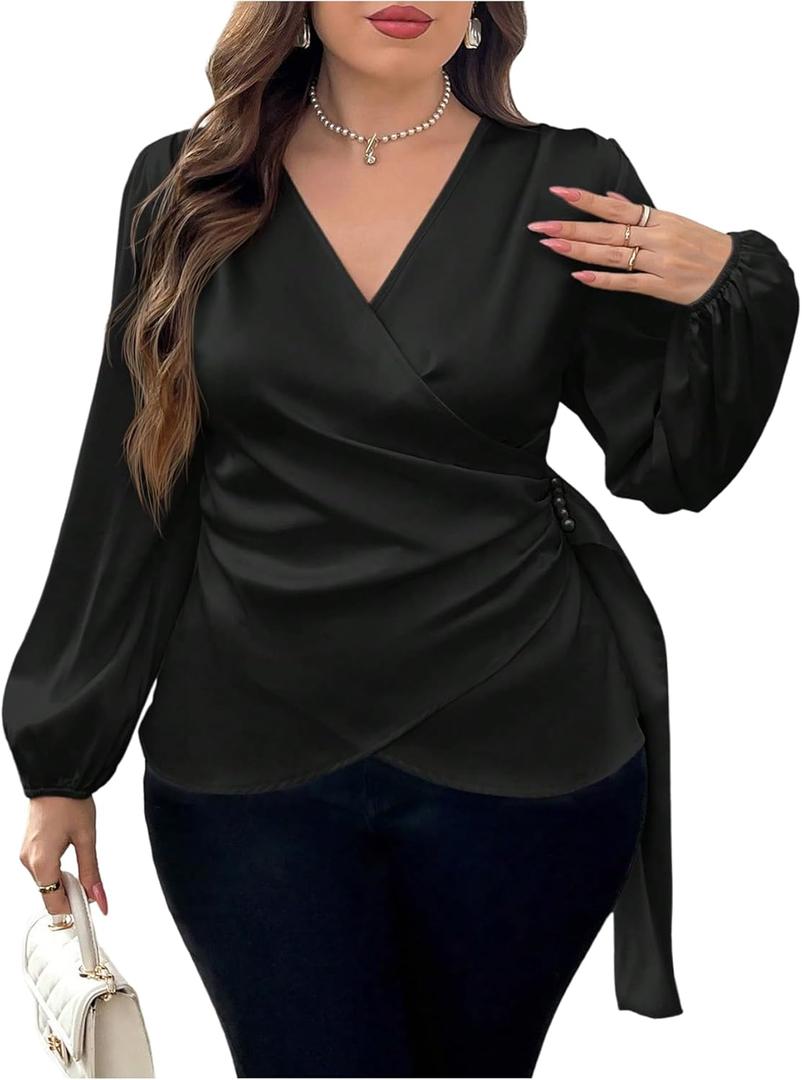 Floerns Women's Plus Size Satin Asymmetrical Wrap Tops Ruched V Neck Long Sleeve Blouses (XX-Large Plus, Black)