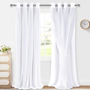 XWZO White Double Layer Curtains, 100% Blackout Curtains with Sheer Overlay for Nursery, Living Room, Children's Room, Grommet Thermal Insulated Privacy Curtains with Tiebacks, 2 Panels, 52x96