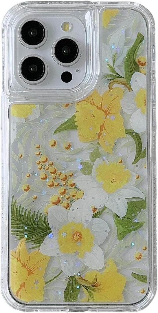 3 in 1 Floral Clear Case for iPhone 15 Pro Max,3-Layer Slim Fit Colorful Flowers Pattern 3D Cute Girly Aesthetics Trend Shockproof Full-Body Women Case for iPhone 15 Pro Max 6.7 inch (Yellow Flower 2)