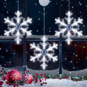 [Timer] Christmas Window Decorations, 3 Pack Snowflake Christmas Window Lights with Suction Cup, Hanging LED Battery Operated Xmas Lights Indoor Outdoor Xmas Tree Fireplace Home Party Decor - While (White)