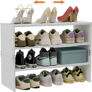 White Shoe Rack Organizer for Closet, 3-Tier Expandable Shoe Shelf, Stackable Iron Wood Combination Shoe Racks Shelves for Closets, Entryway,Small Space,Hallway,Garage,Holds 8-16 Pairs of Shoes