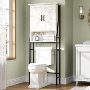 Over The Toilet Storage Cabinet, Over Toilet Bathroom Organizer, Above Toilet Storage Cabinet with Barn Doors Behind Toilet Bathroom Organizer (Cream White)