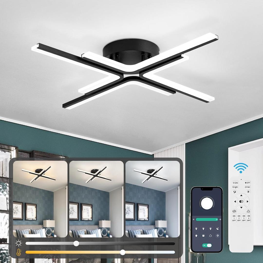 JERANDO Modern LED Ceiling Light Fixture, 21W Sputnik Flush Mount Ceiling Lights with Remote Control, Black Acrylic Chandelier Ceiling Lighting for Bedroom, Living Room, Kitchen, Office