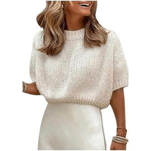GORGLITTER Women's Puff Sleeve Crewneck Knit Shirt Top Short Sleeve Solid Loose Sweater, X-Small 