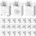 Aliceset 24 Pack Mini Sliver Foil Christmas Gift Bags with Handles Extra Small Luxury Christmas Gift Bags with Tag Tissue Paper Silver Assorted Styles 4.5x4x2.75'' for Holiday Presents Giving Retail