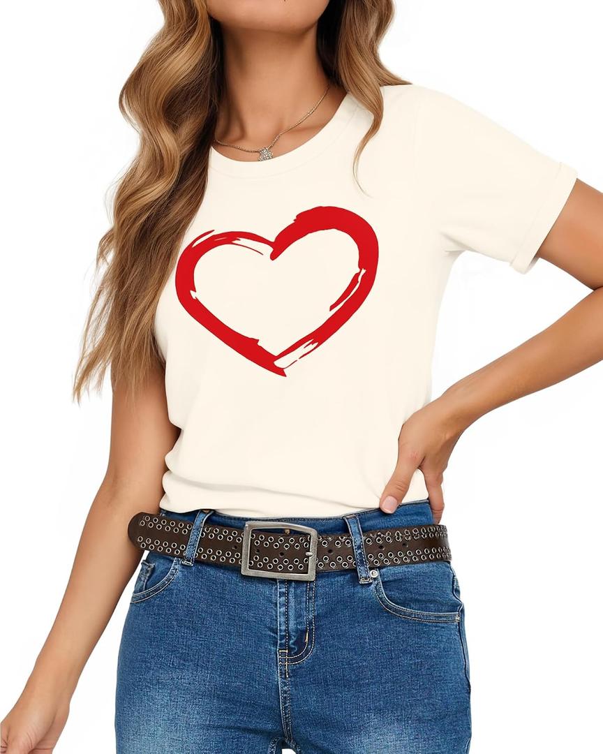HERLOLLYCHIPS Women Cute Heart Graphic Crewneck Short Sleeve Regular Fit Casual Tee T-Shirts Tshirt Tops (White, XL)