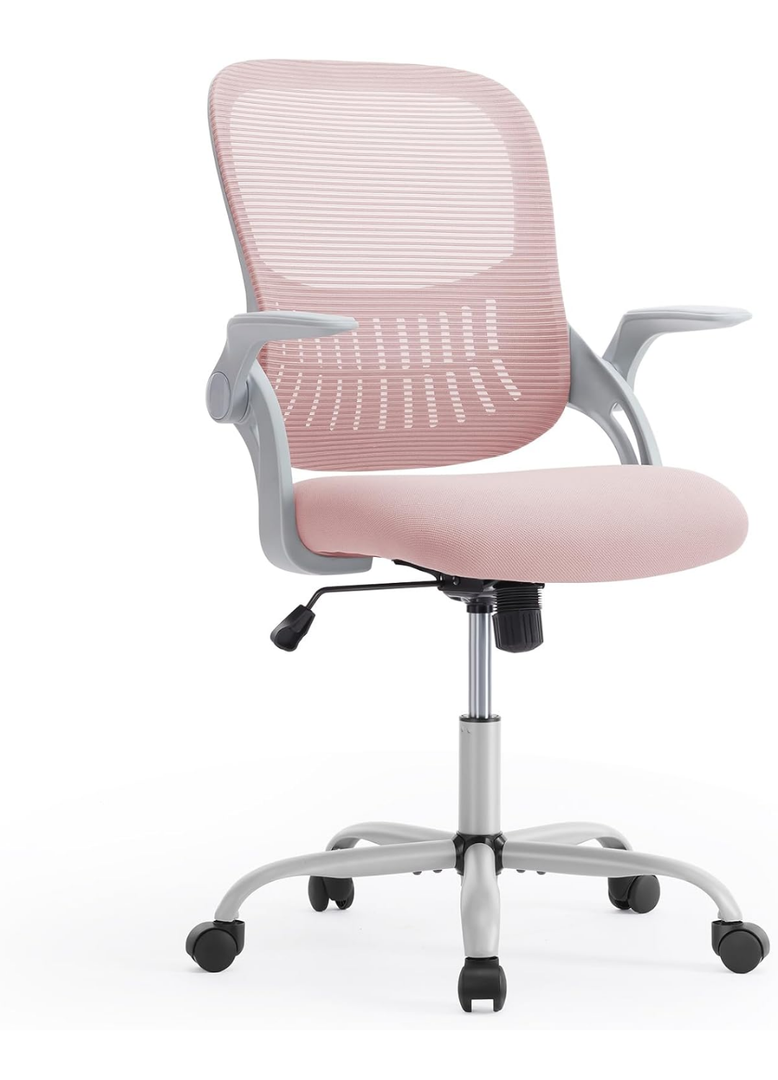 SMUG Computer Desk Chair - Ergonomic Mid-Back Mesh Rolling Swivel Task Chair with Wheels, Comfy Lumbar Support with Flip-up Arms, for Home, Gaming, Study, Student, Pink