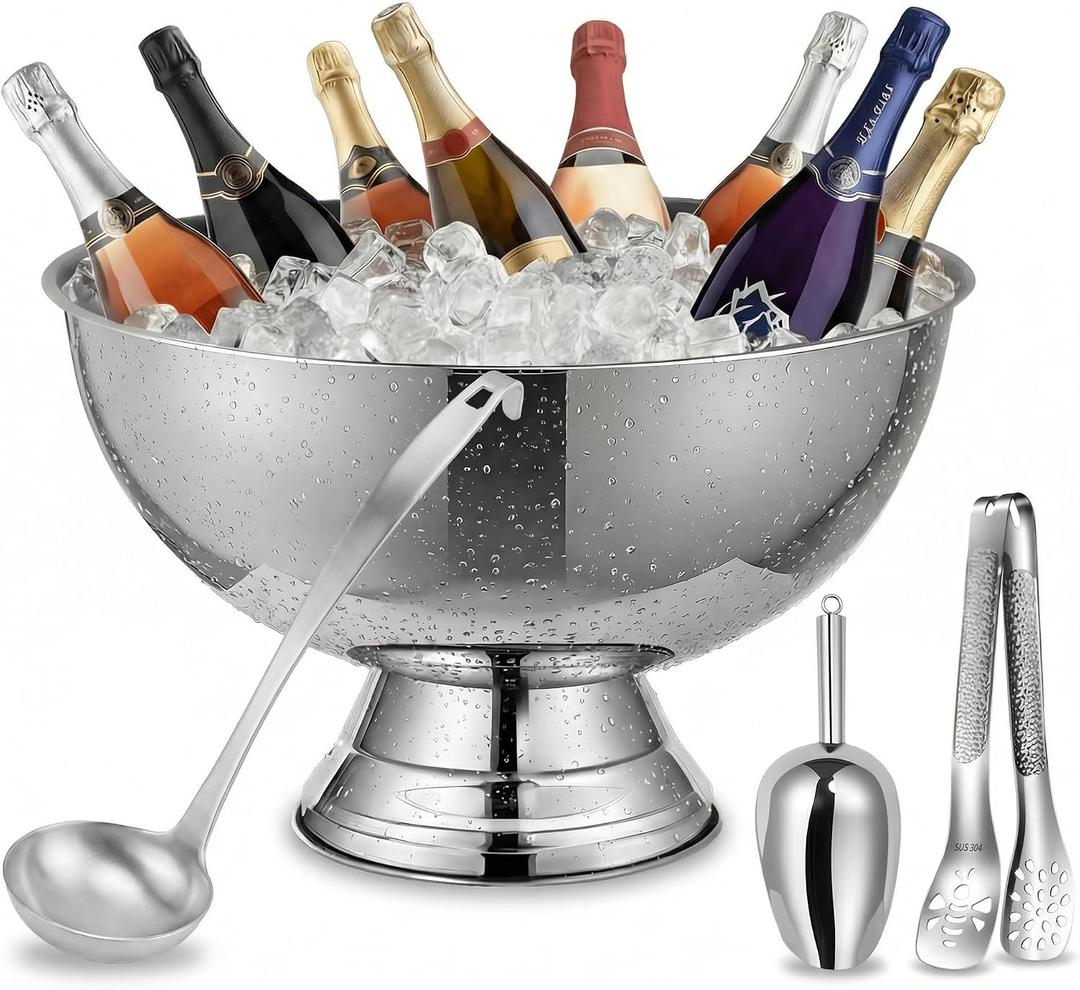 Ice Bucket for Parties and Punch Bowl Set, 15.7 Inch Large Stainless Steel Champagne Chiller with Ladle Scoop and Tongs, Pedestal Beverage Tub for Wedding Mimosa Bar(Silver)