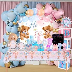 Gender Reveal Balloons - 105pcs Pink Blue Balloon Garland Kit,2 Daddy and Mommy To Be Tinplate Badge Pin,stickers,plates and napkins,4pcs Baby Box With Letters,for Baby Shower Celebration