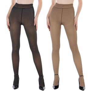 EXQUISLIFE Fleece Lined Tights Sheer Women - Fake Translucent Warm Pantyhose Leggings Sheer Thick Tights, for Winter (Small, Black+coffee)