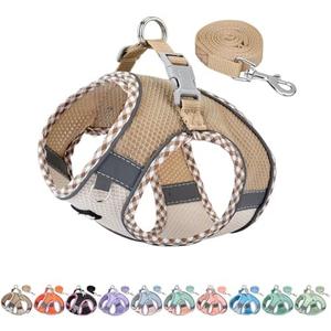 AIITLE Teacup Puppy Harness with Leash - Adjustable Soft Vest with Magic Tape & Reflective Safety Strips, Easy-Put-On for Poodles, Pomeranians - Gym, Hiking, Travel (Brown-Beige, S)