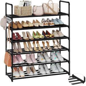 Metal Shoe Organizer, 6 Tiers Shoe Storage Shoe Rack with Hooks, Fit 24-30 Pairs, Adjustable Shoe Shelf for Entryway, Hallway, Bedroom, Metal Bottom Support
