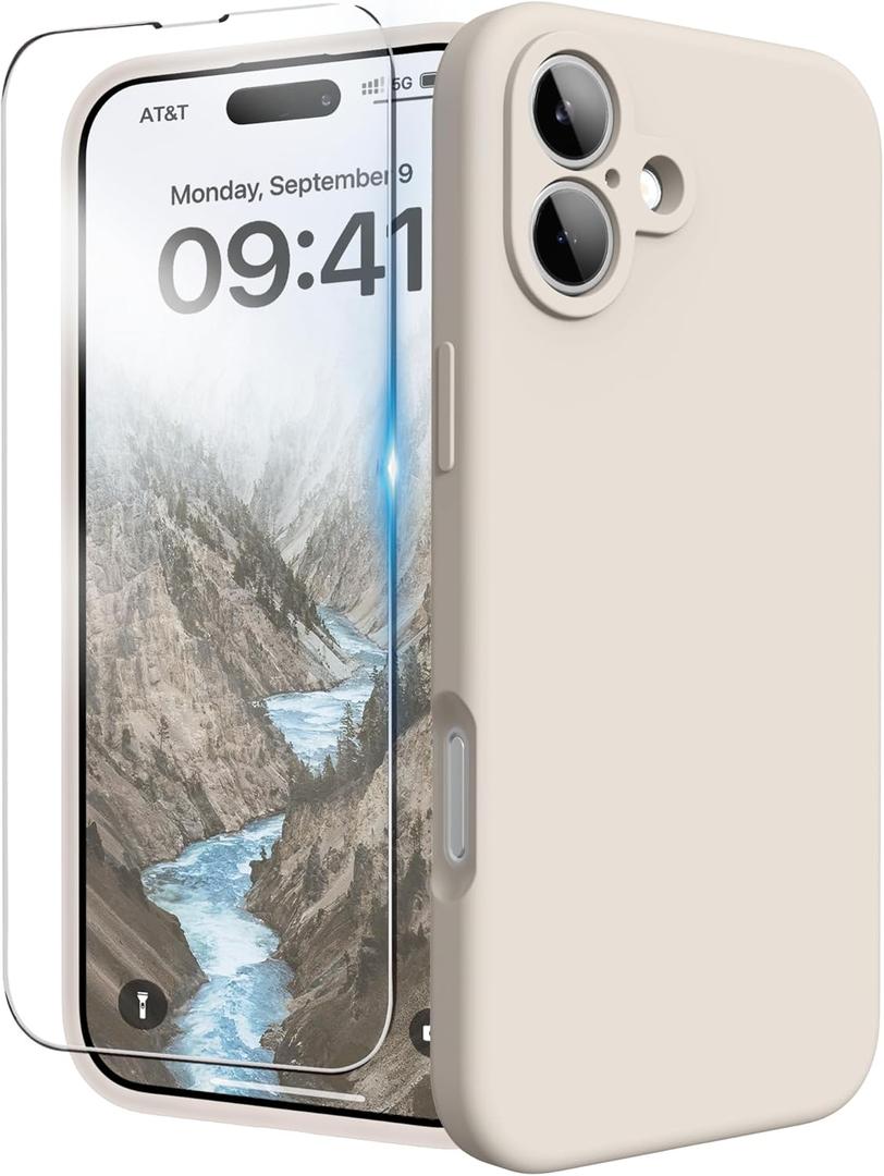 For iPhone 16 Plus Case, Liquid Silicone Case with Camera Protection Soft Gel Rubber Cover with Microfiber Lining Shockproof Protective Phone Case for iPhone 16 Plus 6.7", Stone