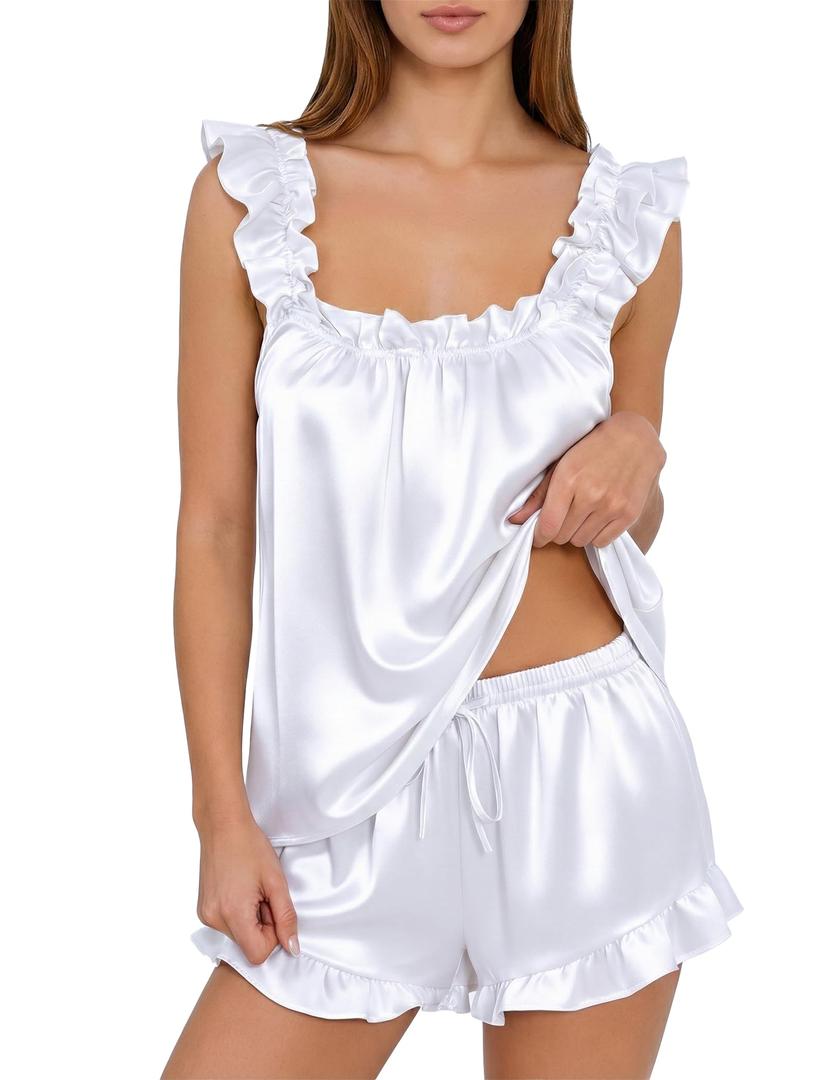 GraceSelect Black Pajama Set Satin Sexy Ruffle Cami and Shorts Sleep Sets Sexy Lightweight Plus Size Nightwear (Black, L)