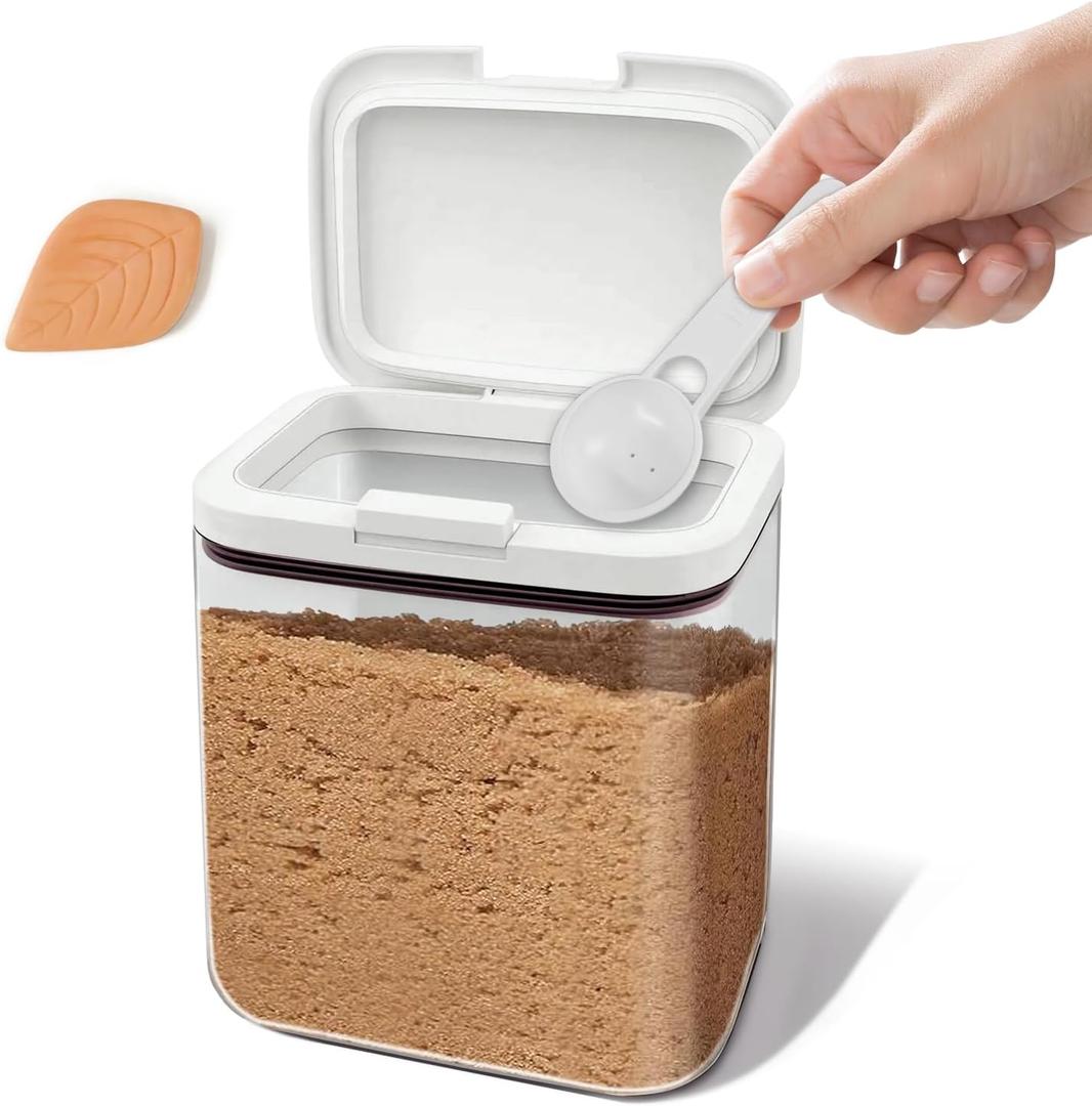 Brown sugar storage container with clay, 2-quart (64-ounce) airtight kitchen storage jar with spoon clear food-grade glass jar to keep brown sugar moist and soft.