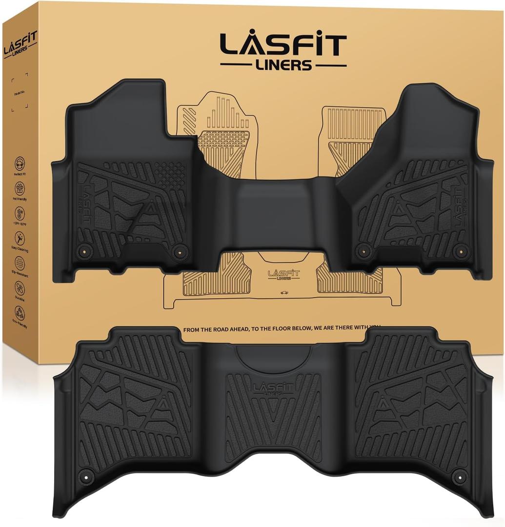 LASFIT Floor Mats 2019-2025 2026 for Ram 2500/3500 Crew Cab Bench Seat, Not for Bucket Seat or Model with PTO KIT or 4X4 Shifter, All Weather TPE Custom Fit Car Mats Floor Liners 1st & 2nd Row, Black