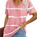 Lunivop Womens Tops Casual V Neck Short Sleeve Solid Color Basic T Shirt (Large, 03 Striped Pink)