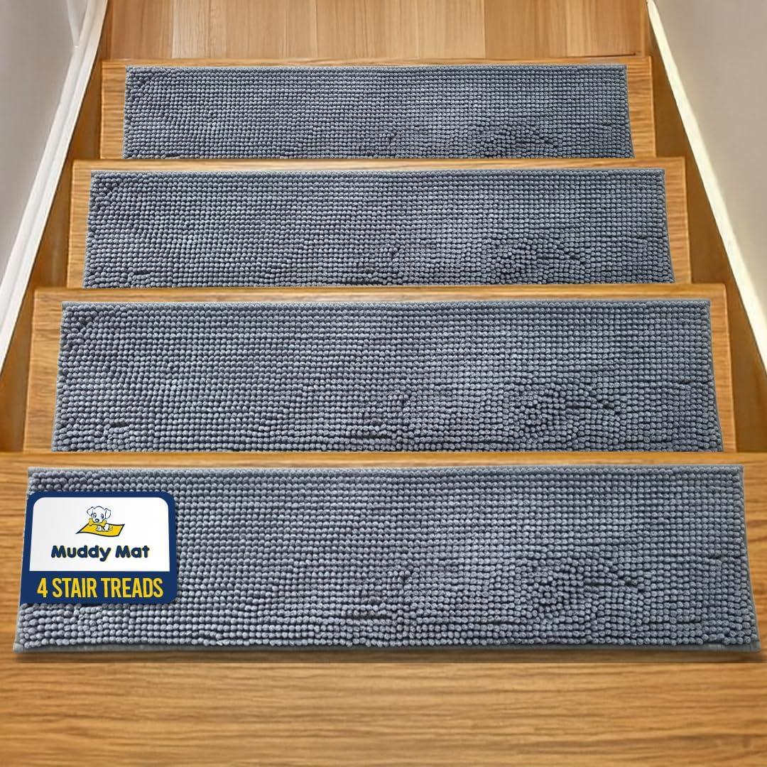 Muddy Mat Pack of 4 - Soft Chenille Stair Treads Non-Slip Reusable, Super Absorbent Stair Treads for Wooden Steps, Tile & Marble Floor, Easy to Install & Machine Washable - Grey 30'' x 7''