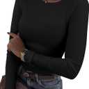 Roselux Womens Long Sleeve Stretch Crewneck Ribbed T-Shirt Fitted Casual Basic Tops (Medium, Black)