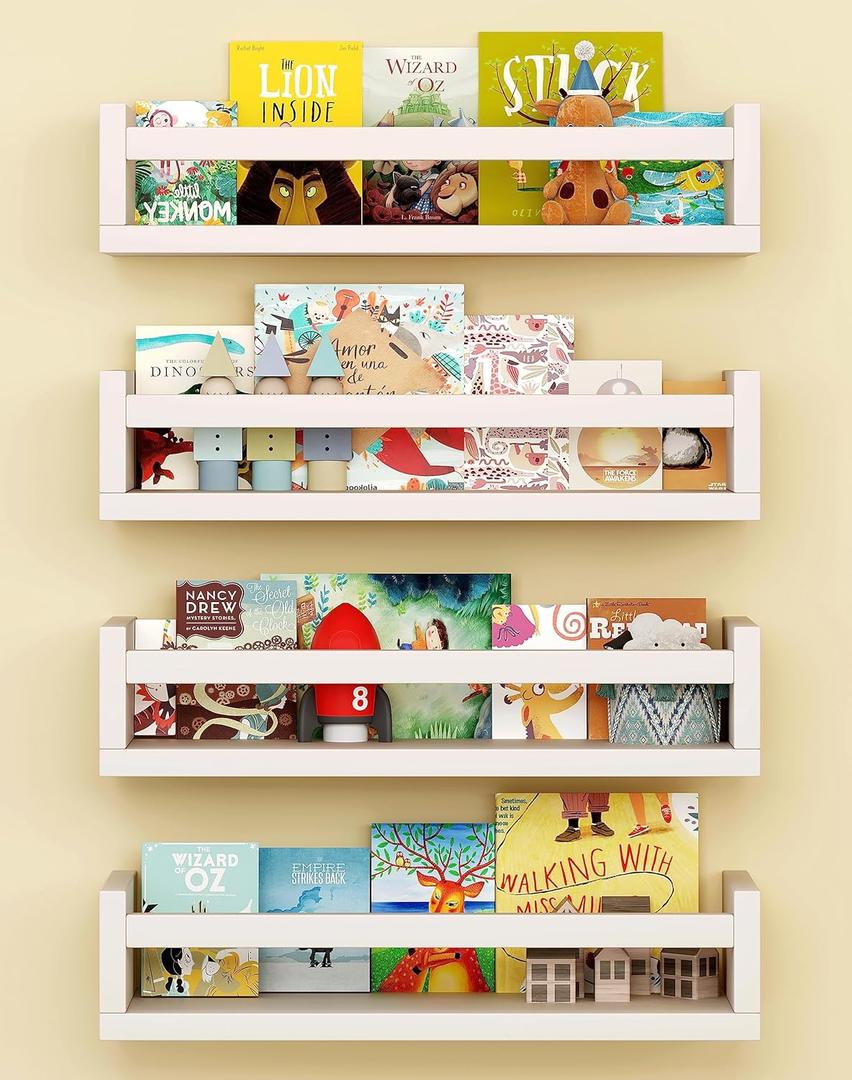 Onlysky Set of 4 Wall-Mounted Kid's Bookshelf - White Floating Nursery Book Shelves - Durable Wood Construction - Ideal for Nursery Decor, Kids Room, Toy Storage (16.5 Inches)