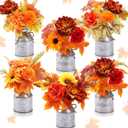 Domensi 6 Set Fall Thanksgiving Table Centerpieces Decoration Artificial Floral Sunflowers Mums with Vintage Metal Vases Fake Silk Flowers Bouquet Plants in Pots for Autumn Harvest Indoor Outdoor Home (Orange)