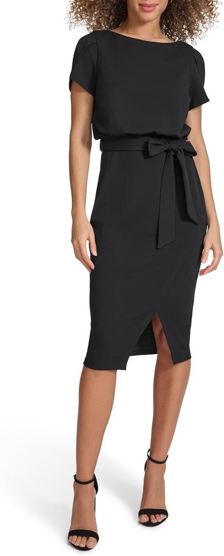 Kensie Women's Short Sleeve Tie Waist Midi Dress (12, Black)