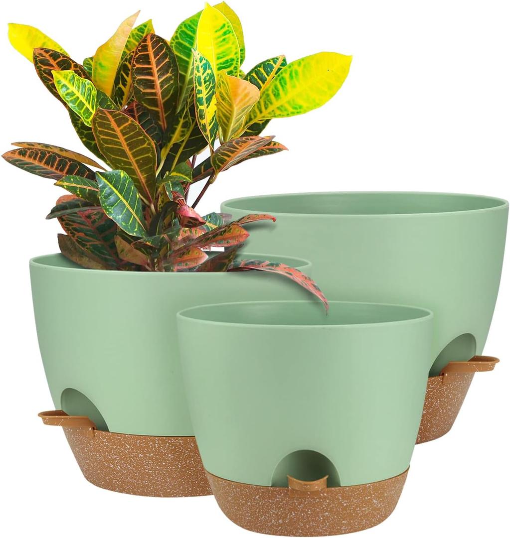 UUBEMM Self Watering Planters with Drainage Holes, Set of 3 Plastic Plant Pots with Deep Reservoir for Indoor Outdoor Garden Flowers Plants,10+9+8 Inch (Green)