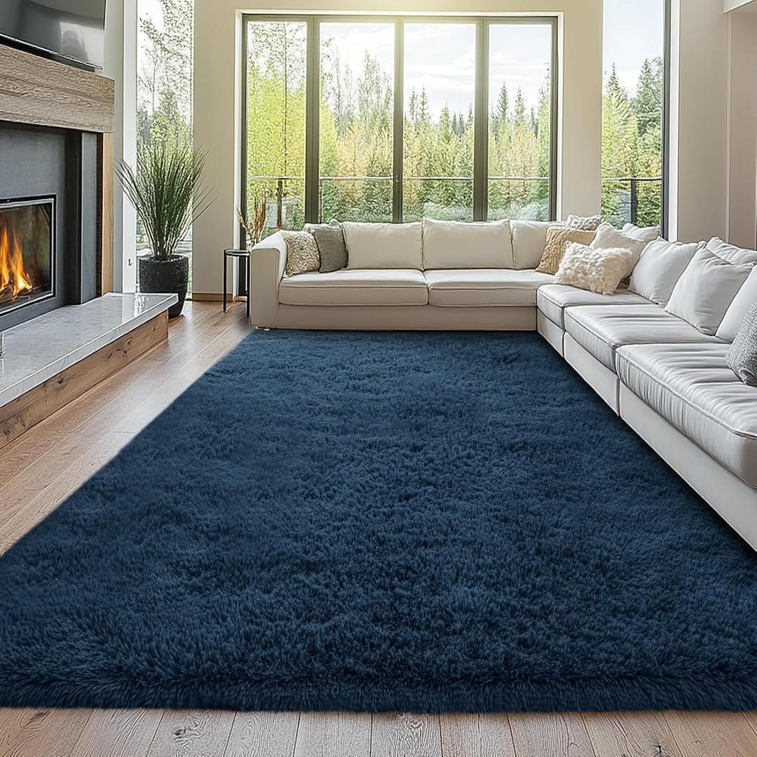 Area Rug 10x14 Living Room: 10x14 Large Soft Shag Rug for Bedroom- Shag Rug for Living Room- Navy Blue Plush Modern Area Rug, (Navy Blue, 10x14)