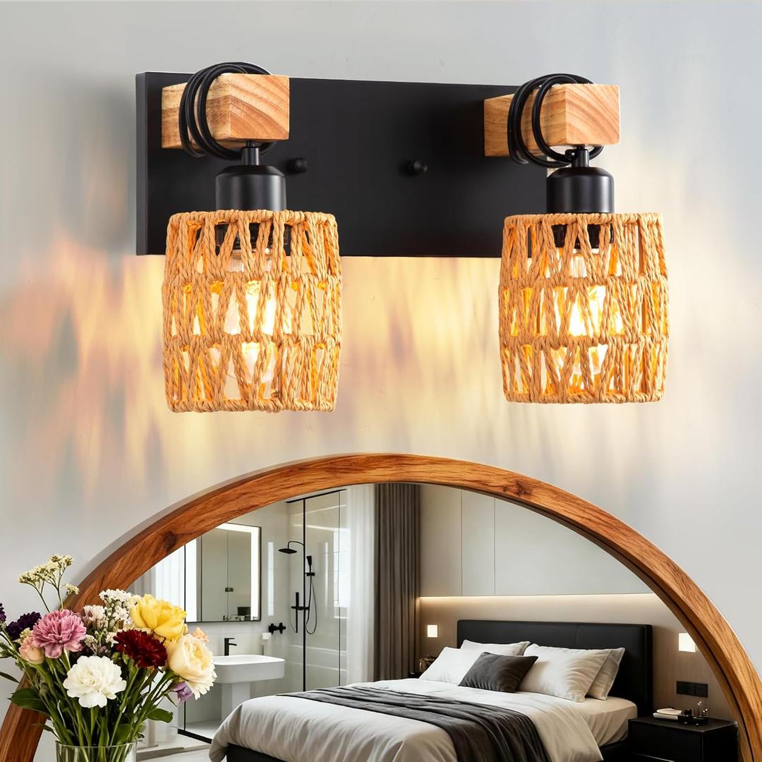 2-Light Farmhouse Bathroom Vanity Light Fixtures Over Mirror, Wood Rustic Boho Rattan Wall Sconce with Hand Woven Wicker Lampshade, Black Wall Lighting for Hallway, Living Room, Bedroom, Spa Room