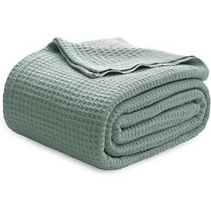 Bedsure Gentlesoft 100% Cotton Blanket Queen Size for Bed - Cooling Breathable and Soft for Summer, Thick Cozy Waffle Weave Blanket Gifts for Women, Sage Green, 90x90 Inches