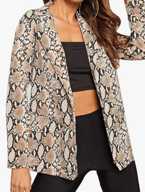 Womens Snakeskin Print Loose Blazer Long Sleeve Open Front Office Lapel Cardigan OL Suit Jacket Coat,  Snakeskin, Large