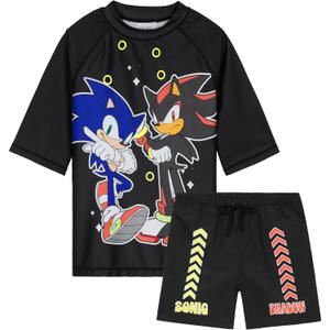 Get Trend Swimsuit Set for Boys Teens 2 Pcs with Swimming Trunks and Boys Rash Guard for Beach Trip Holiday Essentials (9-10 Years, Black Sonic)