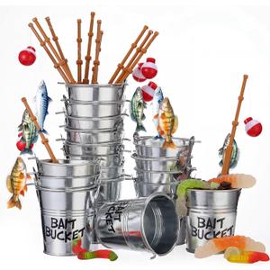 Soulchen 24 Pcs Mini Fishing Birthday Party Decorations Include 12 Fish Cupcake Pole Picks 12 Mini Tackle Bait Bucket 12 Bobber for Gone Fishing Theme Supplies Ocean Party Cake Decor