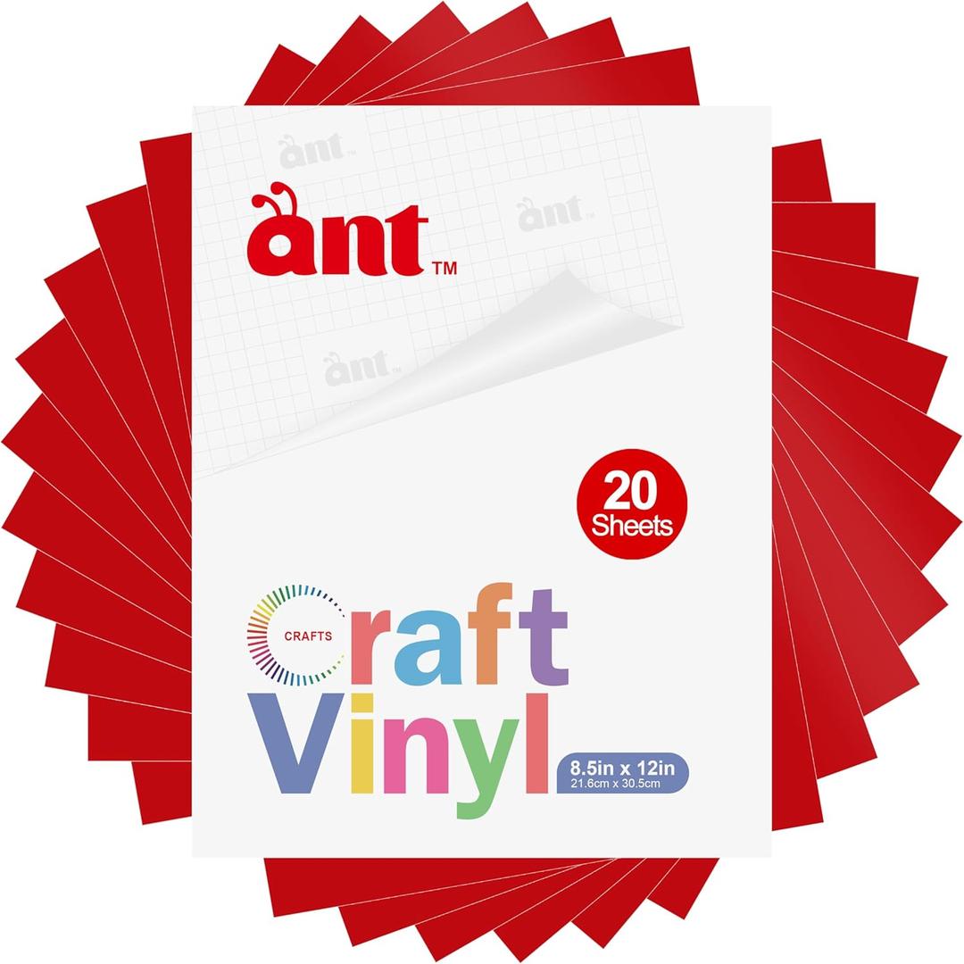 ANT Red 12" x 8.5 20 Sheets Permanent Adhesive Vinyl for Decor Sticker, Party Decoration, Car Decal - Vinyl for Cutting Machine, Craft Cutter (Red, 8.5inch x 12inch x 20 sheets)