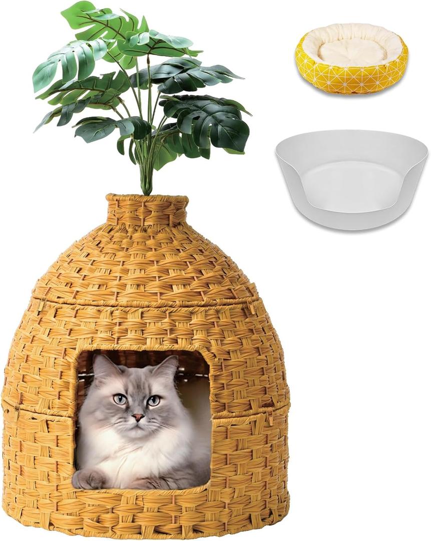 Cat Hidden Litter Box Enclosure Furniture with Cats Bed,Artificial Plants,Handwoven Rattan with Cat Litter Box and Real Stones,in Living Room, Bedroom, CornerNatural