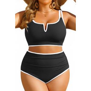 Yonique Women Plus Size High Waisted Bikini - Ribbed Two Piece Swimsuit Tummy Control Bathing Suit V-Wired 2026 Swimwear (Black, XXXL)